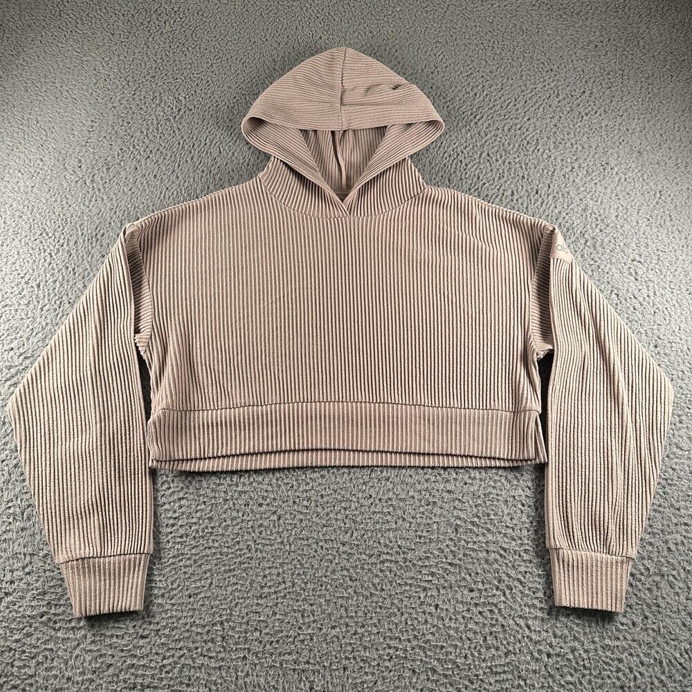 Alo Yoga Muse Hoodie Womens S Beige Ribbed Cropped Relaxed Pullover Sweatshirt